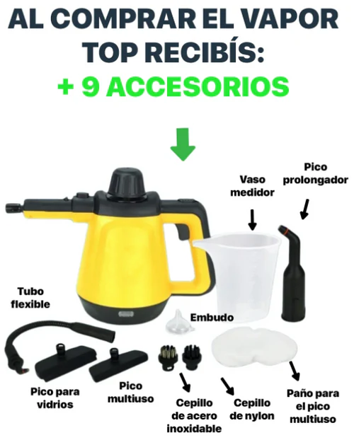 Limpiador a Vapor Portátil con 9 Accesorios - Vapor Top