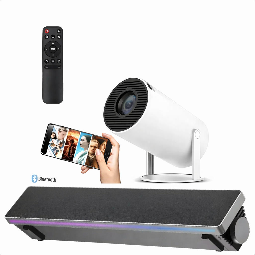 Mini Proyector HD 720p con Soporte 4K + Barra Bluetooth de Regalo